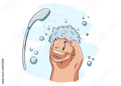 cute cartoon. the boy take a shower and Wash a hair isolate white background.