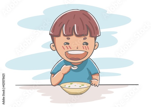 the boy eat a food on the table. cute cartoon boy happy face and smile. isolate white background.