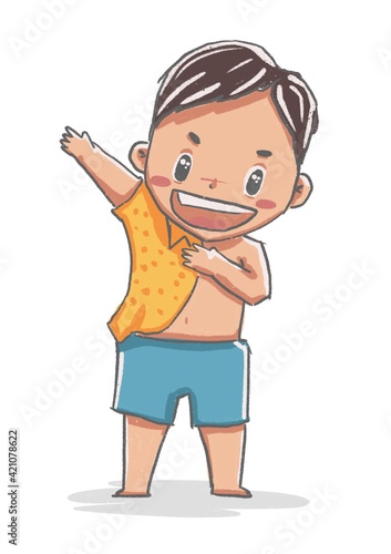 cute cartoon the boy putting on a shirt isolate white background 