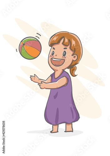 little girl play th ball. she throw a ball and look happy isolate white background 