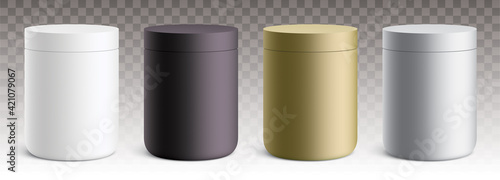 Vector set of round plastic containers with a matte finish. White, black, golden, and silver jars standing isolated on a transparent background.