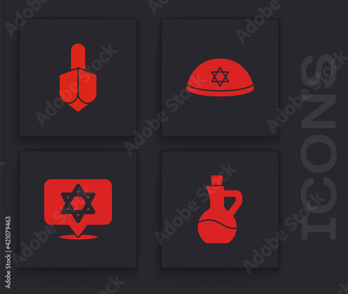 Set Bottle of olive oil, Hanukkah dreidel, Jewish kippah and Star David icon. Vector