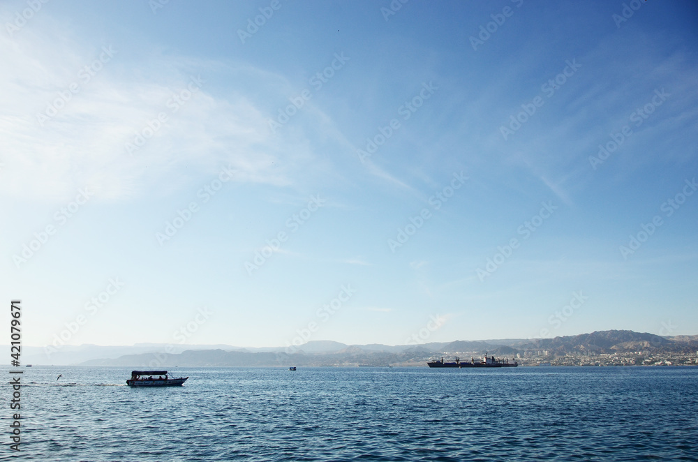 Jordan, Aqaba: Scenic landscape view of the bay with mountains and ships
