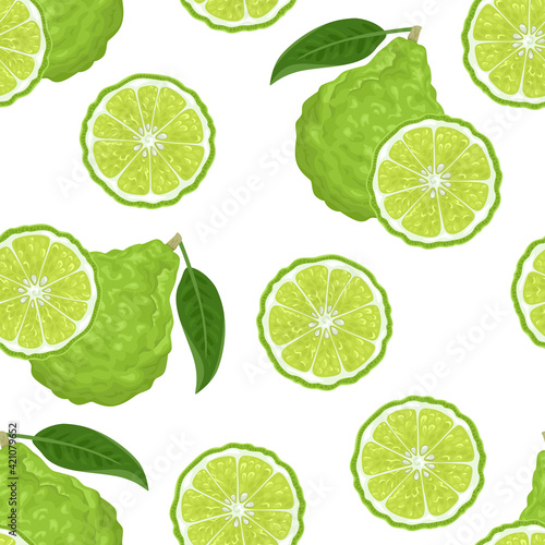 Bergamot seamless pattern. Tropical citrus fruit background. Vector illustration in cartoon flat style.