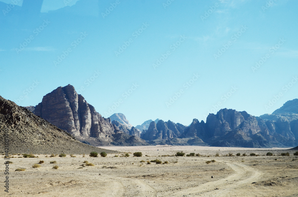 Jordan, Wadi Rum Desert: Scenic landscape view of the desert with mountains