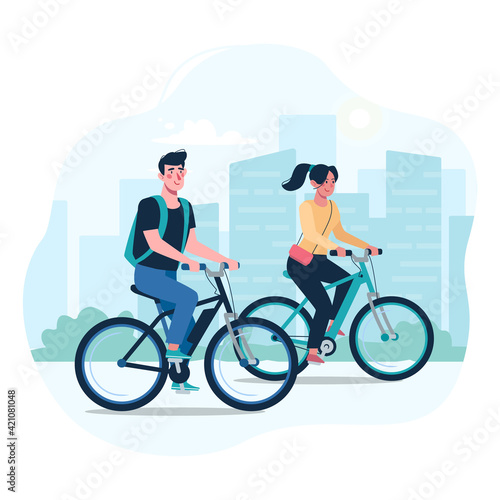 A couple of lovers ride modern electric bicycles. Alternative environmentally friendly transport, healthy lifestyle. Woman and man, friends on a bike ride. Vector, flat style.