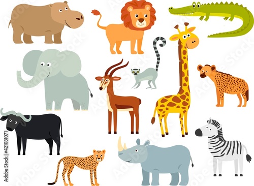 Set of cartoon African animals. A Giraffe, a lion, an elephant, a zebra, a hippo, a lemur, a buffalo, a cheetah, an antelope, a hyena.