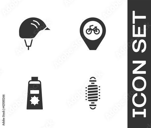 Set Bicycle suspension, helmet, Sunscreen cream in tube and Location with bicycle icon. Vector