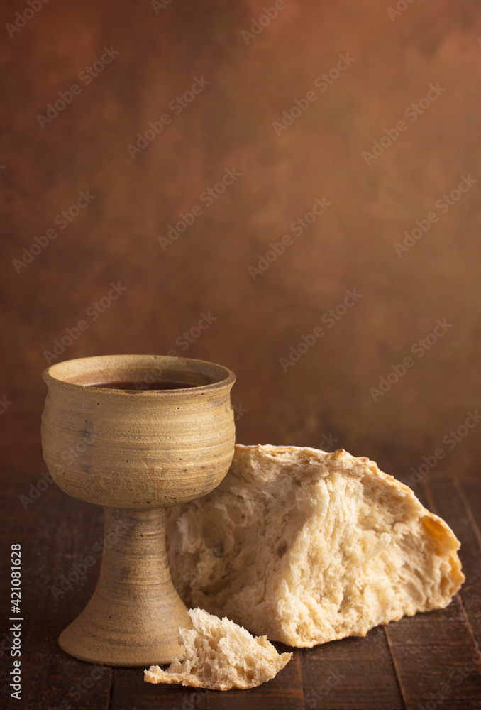 Sacrament of Holy Communion  on a Dark Wooden Table