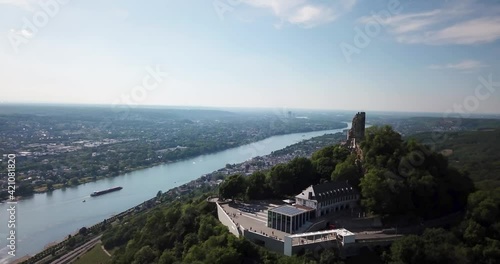 Burgruine Drachenfels in Drachenfels, overseeing Rhine River and Valley. Orbiting shot photo