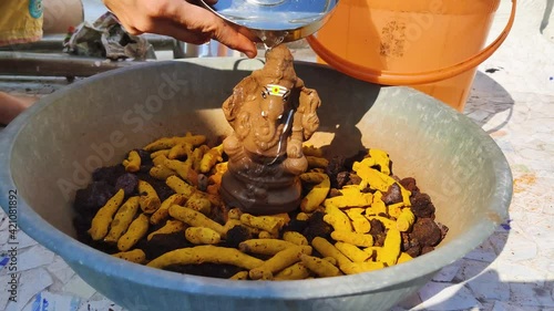 Demo of Eco friendly statue of Ganesha madeup of clay, mud and Besil plant (Tulsi) seeds mixed in mud after pouring water on statue for (Visarjan), Ecofriendly Ganesha statue for Ganesh festival photo