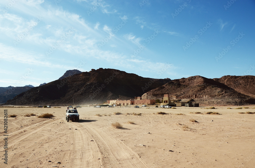 Jordan, Wadi Rum Desert: Scenic landscape view of the desert with mountains Jordan, Wadi Rum Desert: Scenic landscape view of the desert with mountains
