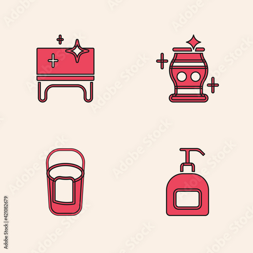 Set Bottle of liquid soap, Clean table, vase and Bucket with rag icon. Vector