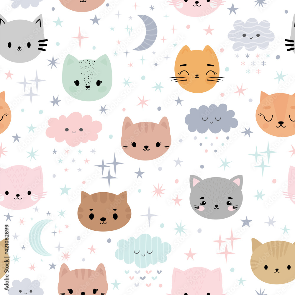 Cute seamless pattern for kids with cartoon little cats. Children background with moon, stars, kittens and clouds. Lovely animals Cute seamless pattern for kids with cartoon little cats. Children background with moon, stars, kittens and clouds. Lovely animals
