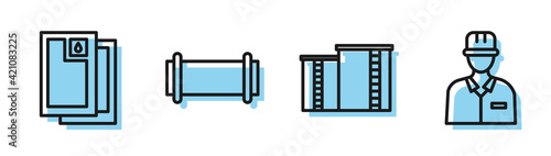 Set line Oil industrial factory building, Barrel oil, Industry pipe and Oilman icon. Vector