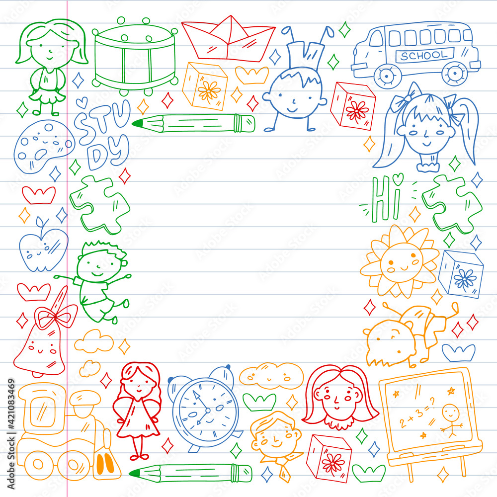 Vector pattern. School and online education. Little boys and girls play and grow together. Vector pattern. School and online education. Little boys and girls play and grow together.