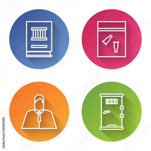 Set line Law book, Evidence bag and bullet, Lawyer, attorney, jurist and Prison cell door. Color circle button. Vector