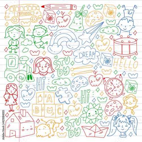 Vector pattern. School and online education. Little boys and girls play and grow together.