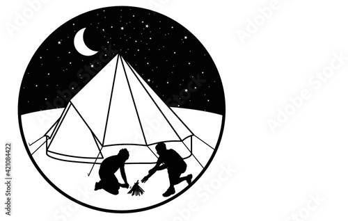 Camping, silhouette,moon, bell tent, campfire, stars, night