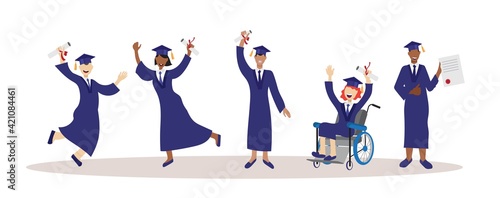 Students rejoice at the end of their studies. Vector illustration.
