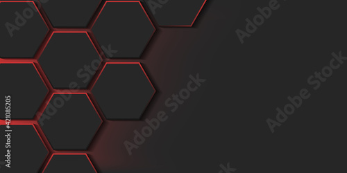 Dark geometric background with glowing red hexagons
