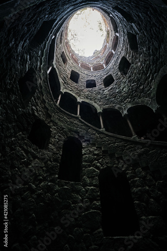 View of the start well of Quinta da Regaleira in Sintra, Portugal photo