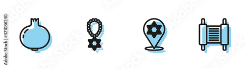 Set line Star of David, Pomegranate, necklace on chain and Torah scroll icon. Vector