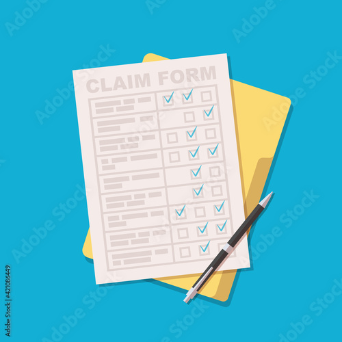 Claim Form with green ticks. Pen. Vector illustration isolated on blue background