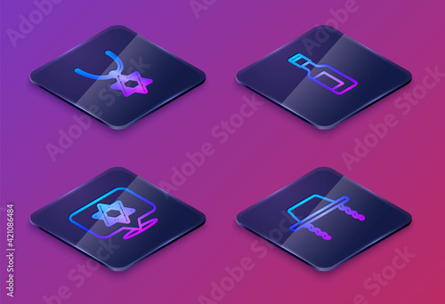 Set Isometric line Star of David necklace on chain, , Jewish wine bottle and Orthodox jewish hat. Blue square button. Vector
