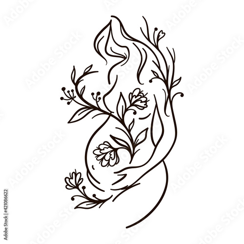 Pregnant woman with flowers. Female body line art. Flower woman. Black outline vector illustration on white background. 