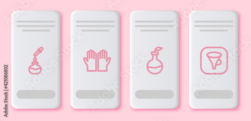 Set line Test tube and flask, Medical rubber gloves, Plant breeding and Funnel or filter. White rectangle button. Vector