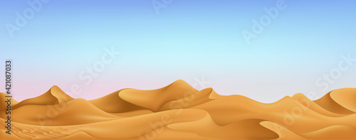 Muslim holiday banner concept. Realistic day time desert landscape with blue sky and clouds. Vector Greeting card for muslim festival Eid Al-Adha