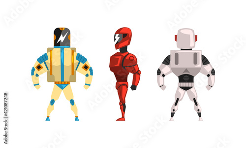 Robot Superhero Figures in Helmet and Armored Costume Vector Set
