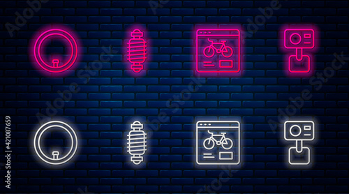 Set line Bicycle suspension, rental mobile app, wheel and Action extreme camera. Glowing neon icon on brick wall. Vector
