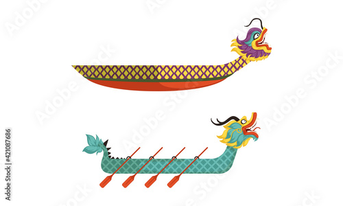 Dragon Boat as Chinese Wooden Watercraft Vector Set