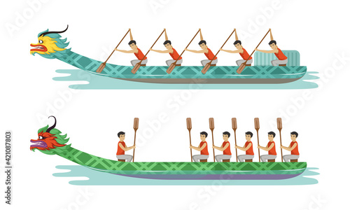 Dragon Boat Festival with Participants Taking Part in Racing Using Paddle Vector Set