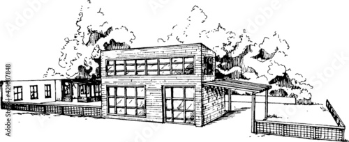 A simple barn sketchy monochromatic image. Warehouse front elevation. Perspective illustration of a storehouse with trees. printable logo style. Old warehouse renovation, reconstruction work 