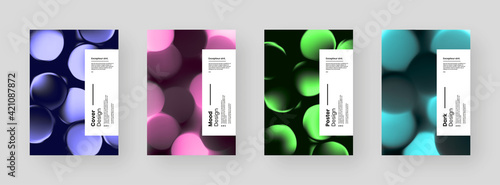 Abstract set Placards, Posters, Flyers, Banner Designs. Colorful illustration on vertical A4 format. 3d geometric shapes. Bokeh, spheres, circles, lanterns