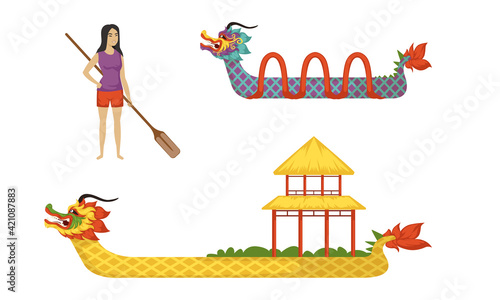 Dragon Boat as Chinese Wooden Watercraft and Female with Oar Vector Set