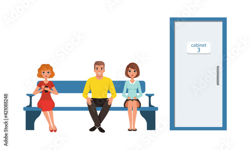 People Characters Sitting in Queue near Cabinet Door Vector Illustration