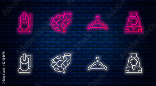 Set line Socks, Hanger wardrobe, Toilet paper roll and Cleaning lady service. Glowing neon icon on brick wall. Vector