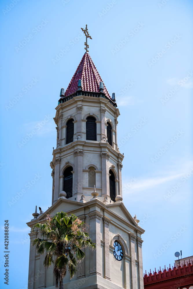 Obraz premium Bell tower of Cathedral Basilica of Saint St Augustine in Florida city, the seat of Catholic bishop in downtown in summer