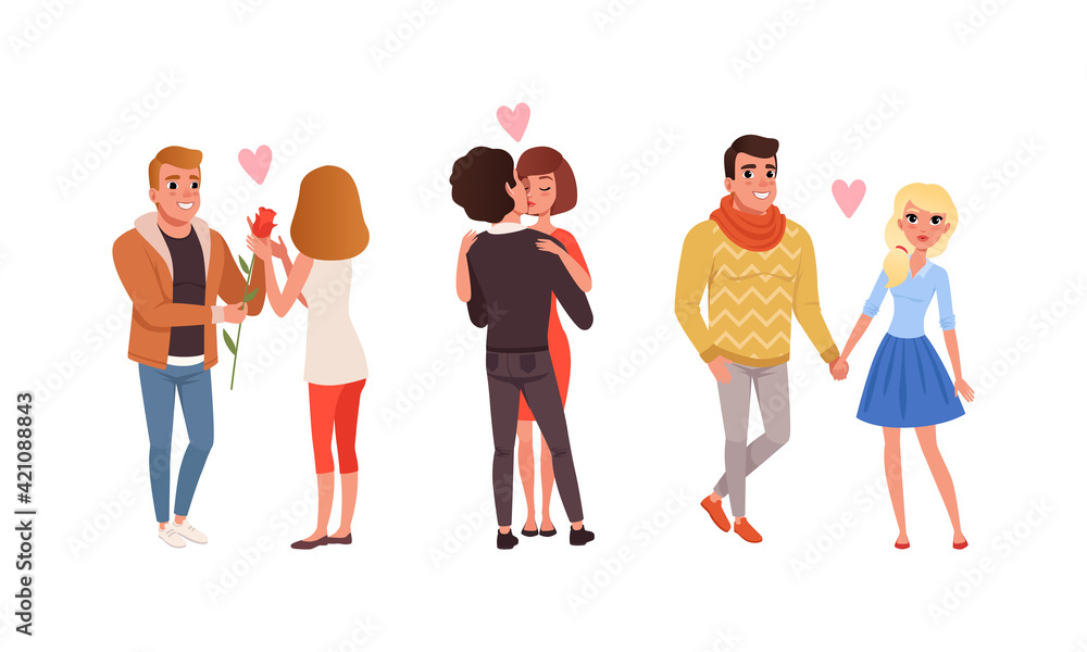 Loving Couples of Man and Woman Embracing and Walking Vector Set Loving Couples of Man and Woman Embracing and Walking Vector Set