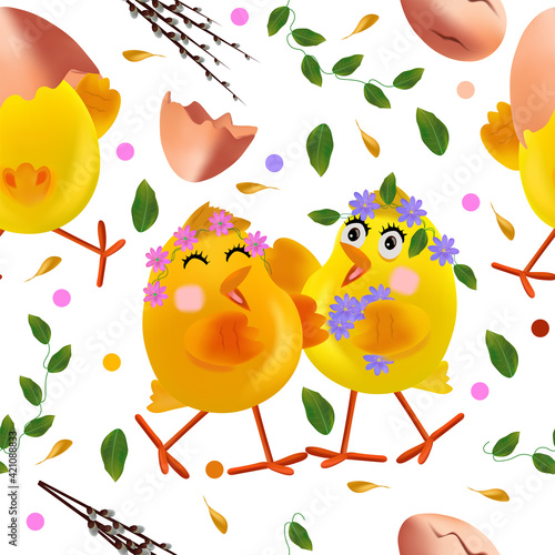 Seamless pattern with Easter chicken, flowers, eggs, green leaf, pussy willow, egg shell. Cute cartoon chickens for your design textile, wallpapers, fabric, posters. Vector illustration.