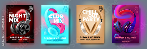 Set of Club posters with headphones, dance party, fluid design flyer, invitation, banner template, dj music event, colorful White, black, blue and pearl headphones, vector illustration