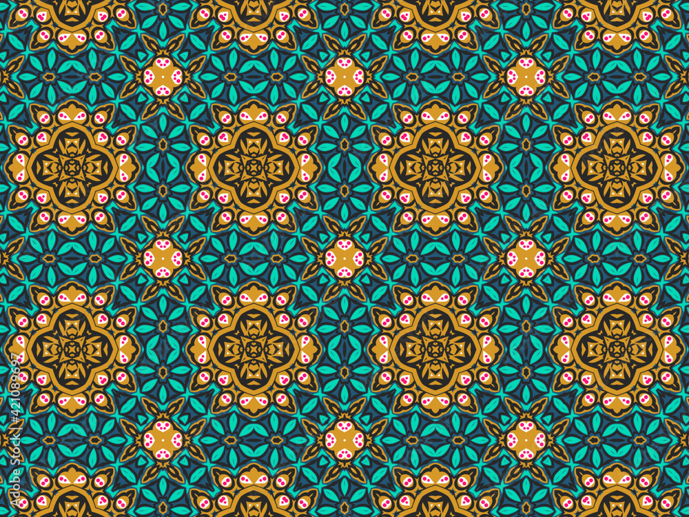 Geometric Seamless Ornament Abstract Pattern Gold Yellow, Green, Black, and Blue, For print and Background. Geometric Tiles Digital Paper.