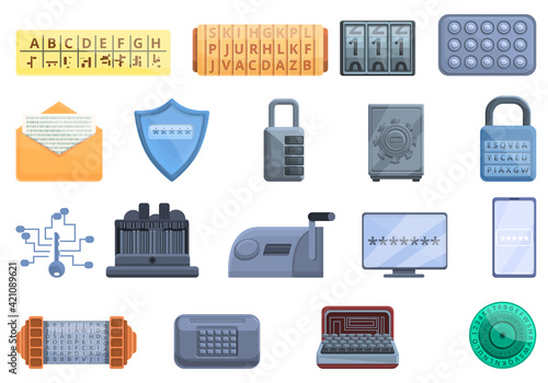 Cipher icons set. Cartoon set of cipher vector icons for web design