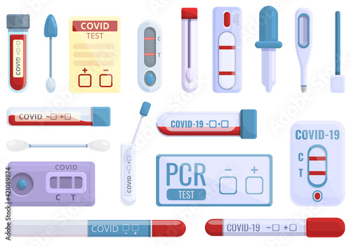 Covid test icons set. Cartoon set of covid test vector icons for web design