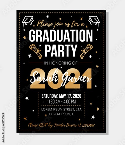 2021 graduation party invitation design template. Congratulations graduates vector illustration for banner, greeting cards, poster. Class of 2021 gold typography design with stars and doodles.