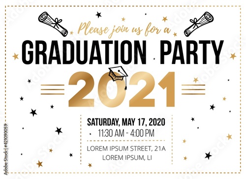 Graduation party invitation design template in flat style. Congratulations graduates vector illustration for banner, greeting cards, poster. Class of 2021 gold typography sign with stars and doodles.
